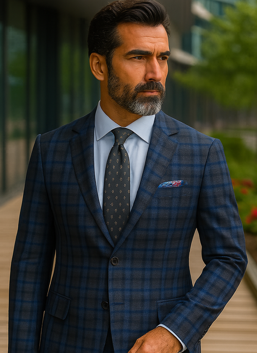 Slim Fit Wool Plaid Blazer - Renoir Navy & Grey Windowpane