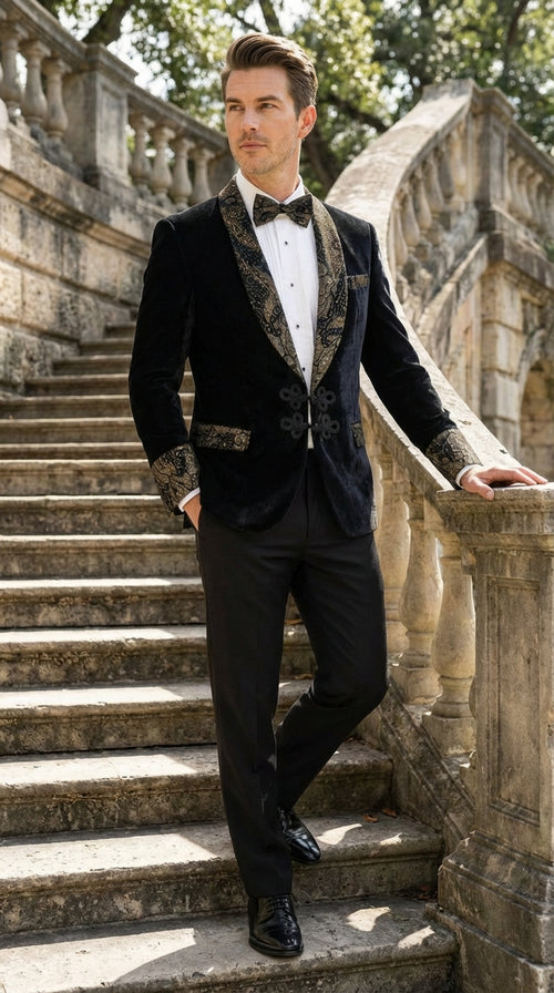 Men’s Smoking Jacket Black and Gold Embroidered Tuxedo Blazer – Luxury Velvet Formal Dinner Jacket with Paisley Lapel