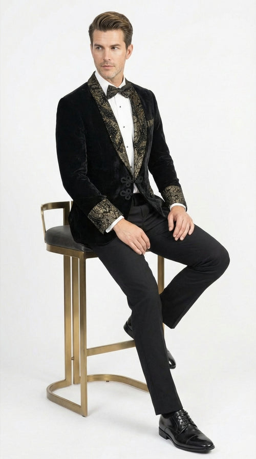Men’s Smoking Jacket Black and Gold Embroidered Tuxedo Blazer – Luxury Velvet Formal Dinner Jacket with Paisley Lapel