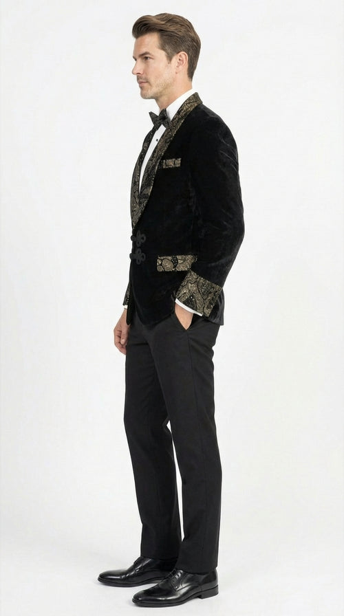 Men’s Smoking Jacket Black and Gold Embroidered Tuxedo Blazer – Luxury Velvet Formal Dinner Jacket with Paisley Lapel