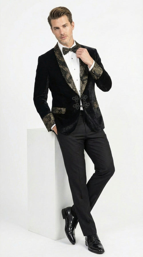 Men’s Smoking Jacket Black and Gold Embroidered Tuxedo Blazer – Luxury Velvet Formal Dinner Jacket with Paisley Lapel