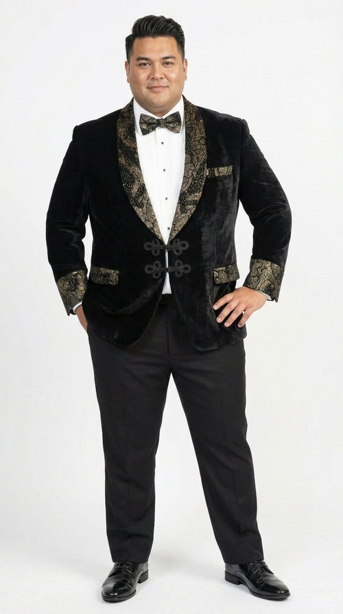 Men’s Smoking Jacket Black and Gold Embroidered Tuxedo Blazer – Luxury Velvet Formal Dinner Jacket with Paisley Lapel