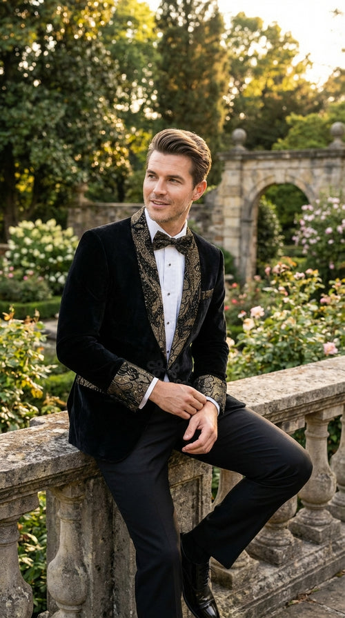 Men’s Smoking Jacket Black and Gold Embroidered Tuxedo Blazer – Luxury Velvet Formal Dinner Jacket with Paisley Lapel