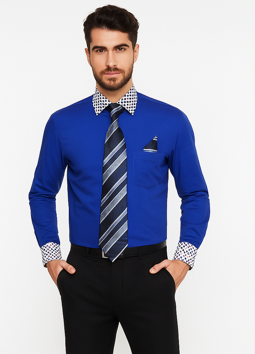 Solid/Polka Dot Pattern Cotten Blend Royal Blue Shirt With Tie & Hanky Men's Dress Shirt
