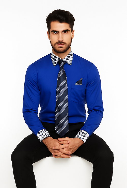 Solid/Polka Dot Pattern Cotten Blend Royal Blue Shirt With Tie & Hanky Men's Dress Shirt