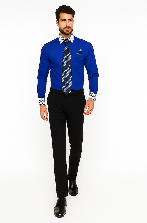 Solid/Polka Dot Pattern Cotten Blend Royal Blue Shirt With Tie & Hanky Men's Dress Shirt