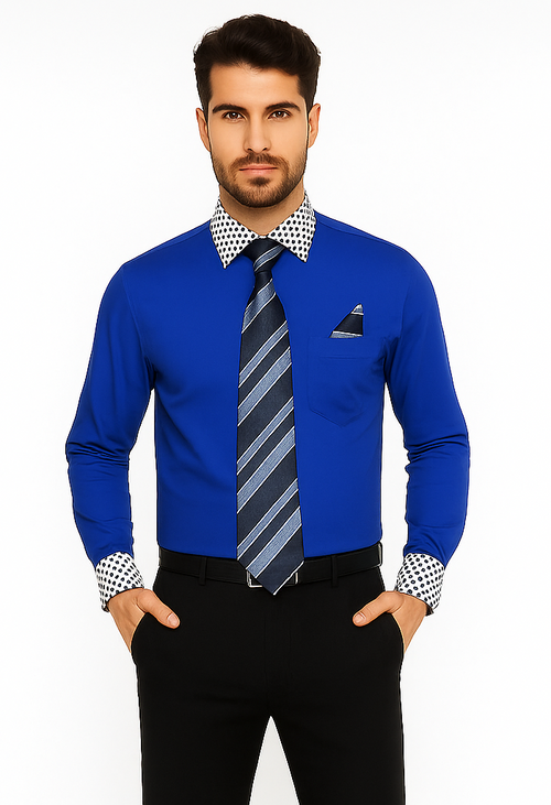 Solid/Polka Dot Pattern Cotten Blend Royal Blue Shirt With Tie & Hanky Men's Dress Shirt