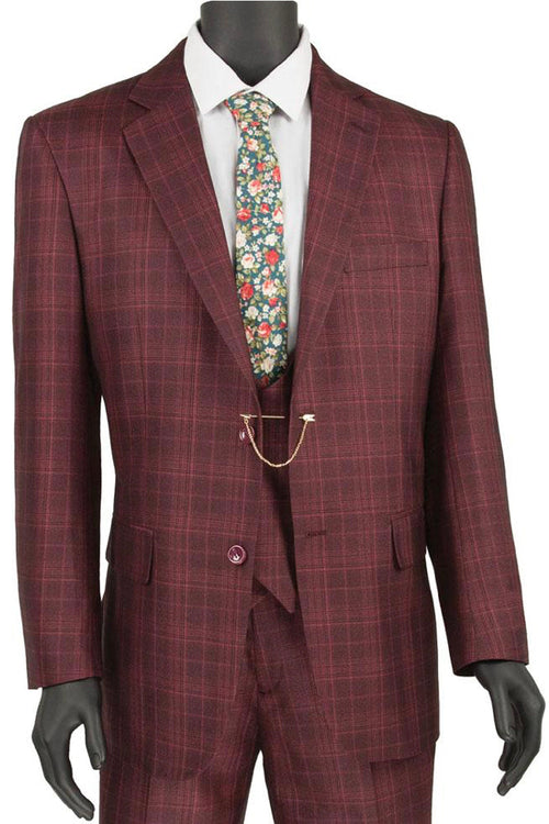 Mens Classic Fit Low Cut Vest Glen Plaid Suit in Grey by Vinci