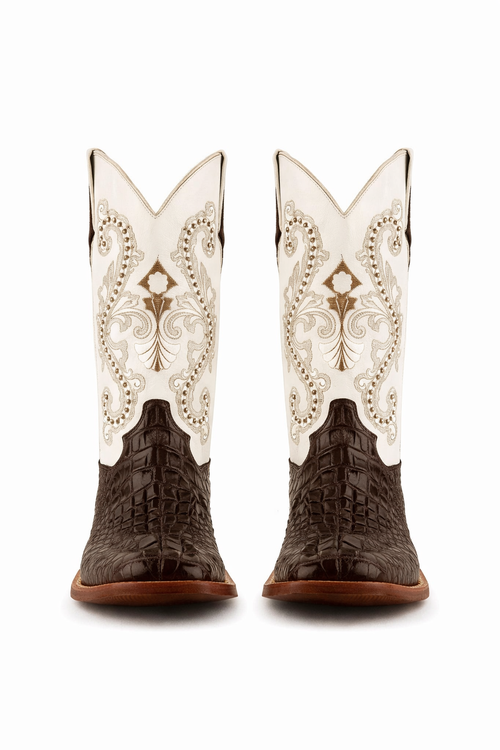 Ferrini Women's Rancher Square Toe Boots Crocodile Print - Chocolate/White 9049309