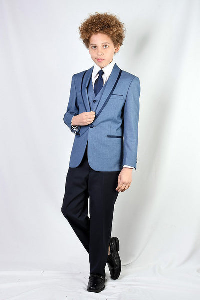 "Genova" 5-Piece Kids Tuxedo Set in Steel Blue with Shawl Lapel