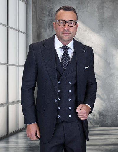 Statement Mens Big and Tall 3 Piece 100% Super 200s Wool Suit – Classic Fit Woven Texture, Wide Leg Pants