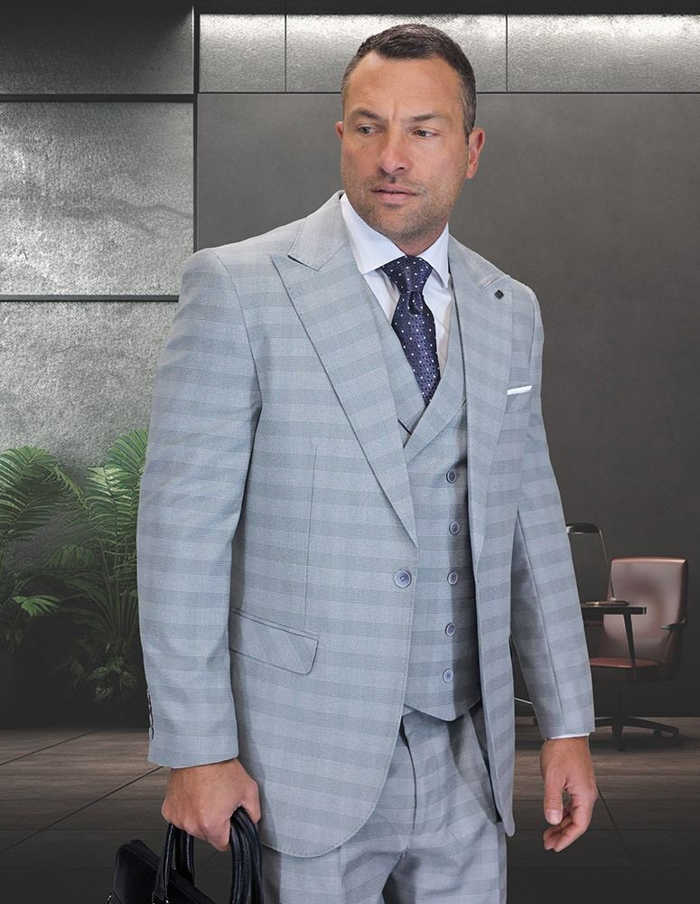 Statement Mens Classic Fit 3 Piece 100% Super 200s Wool Windowpane Plaid Suit β Wide Leg Pleated Pants