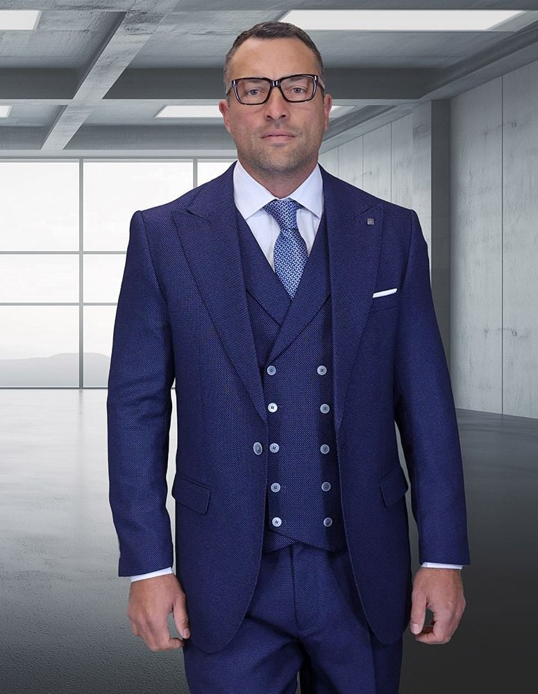 Statement Mens Classic Fit 3 Piece 100% Super 200s Wool Woven Texture Suit β Wide Leg Pleated Pants