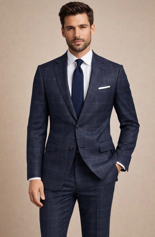 Statement Mens Modern Fit 2 Piece 100% Super 200s Wool Fine Windowpane Suit β Single Breasted Notch Lapel Jacket