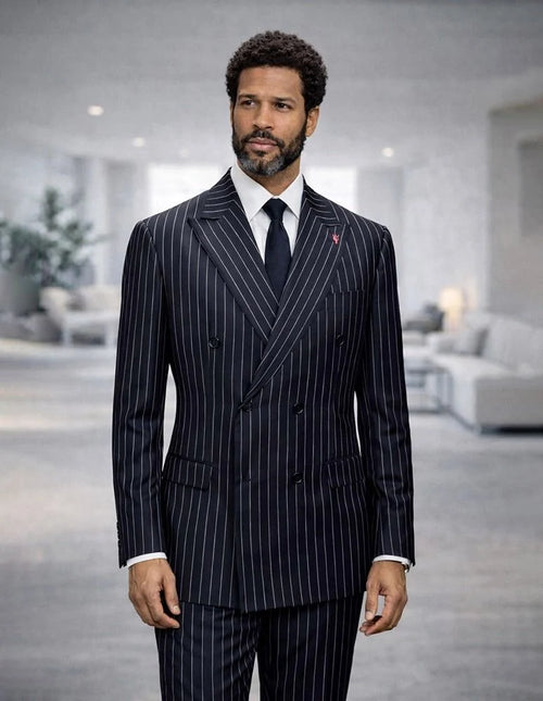 Statement Mens Modern Fit 2 Piece 100% Super 200s Wool Pinstripe Suit β Double Breasted Peak Lapel