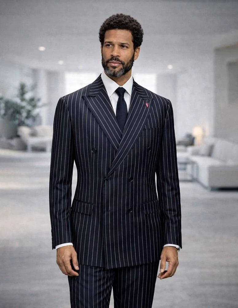 Statement Mens Modern Fit 2 Piece 100% Super 200s Wool Pinstripe Suit β Double Breasted Peak Lapel