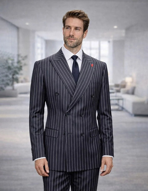 Statement Mens Modern Fit 2 Piece 100% Super 200s Wool Pinstripe Suit β Double Breasted Peak Lapel