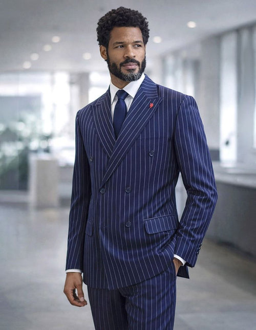 Statement Mens Modern Fit 2 Piece 100% Super 200s Wool Pinstripe Suit β Double Breasted Peak Lapel