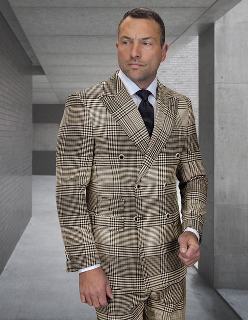 Statement Mens Modern Fit 2 Piece 100% Super 200s Wool Plaid Suit β Double Breasted Peak Lapel Jacket