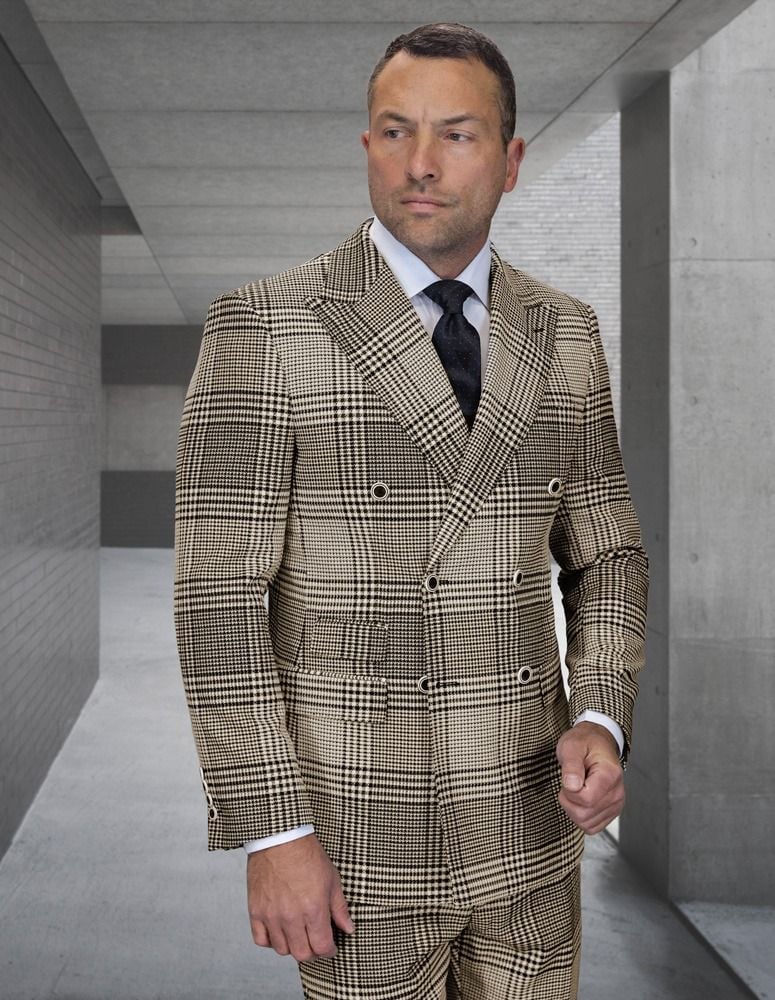 Statement Mens Modern Fit 2 Piece 100% Super 200s Wool Plaid Suit β Double Breasted Peak Lapel Jacket