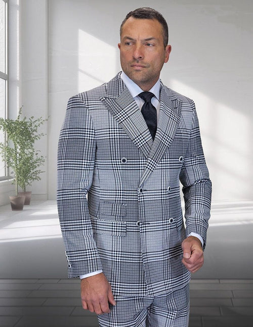 Statement Mens Modern Fit 2 Piece 100% Super 200s Wool Plaid Suit β Double Breasted Peak Lapel Jacket
