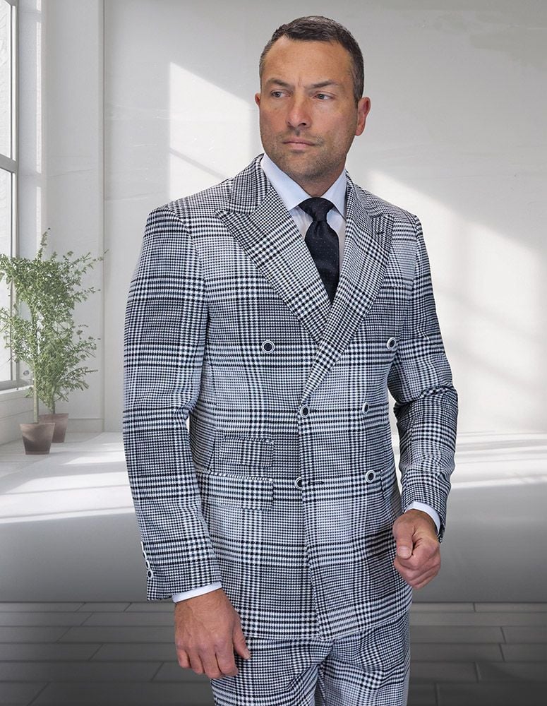 Statement Mens Modern Fit 2 Piece 100% Super 200s Wool Plaid Suit β Double Breasted Peak Lapel Jacket