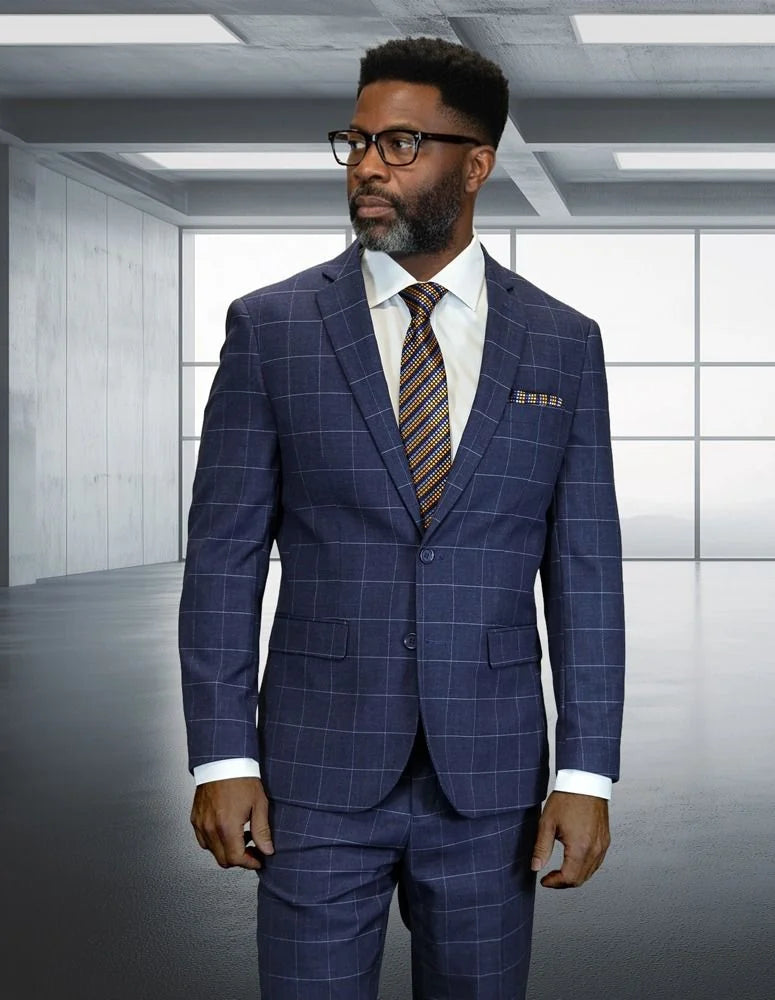 Statement Mens Modern Fit 2 Piece 100% Super 200s Wool Sharp Windowpane Plaid Suit – Single Breasted Notch Lapel Jacket – SuitUSA