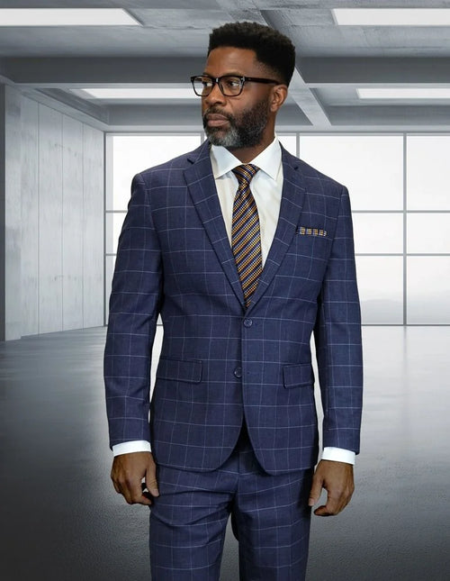 Statement Mens Modern Fit 2 Piece 100% Super 200s Wool Sharp Windowpane Plaid Suit β Single Breasted Notch Lapel Jacket