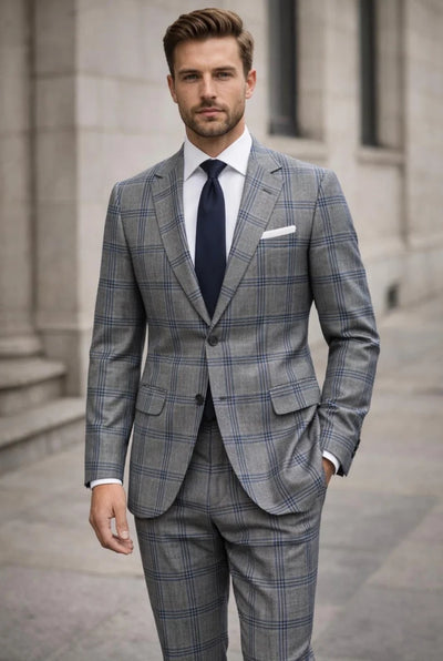 Statement Mens Modern Fit 2 Piece 100% Super 200s Wool Windowpane Plaid Suit – Single Breasted Notch Lapel Jacket