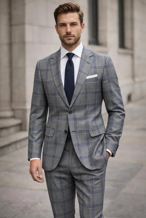 Statement Mens Modern Fit 2 Piece 100% Super 200s Wool Windowpane Plaid Suit β Single Breasted Notch Lapel Jacket