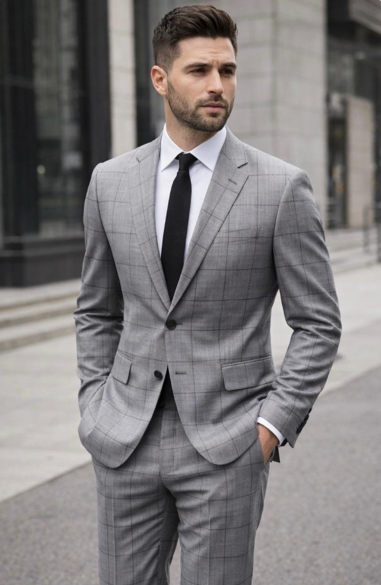 Statement Mens Modern Fit 2 Piece 100% Super 200s Wool Windowpane Suit – Single Breasted Notch Lapel Jacket – SuitUSA