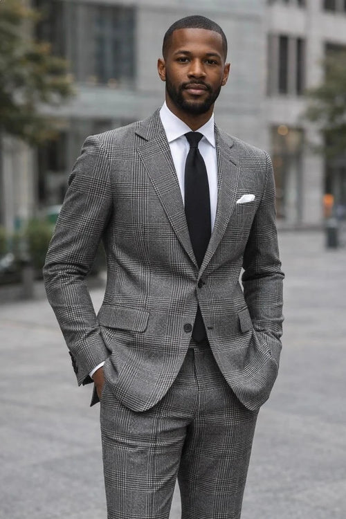 Statement Mens Modern Fit 2 Piece 100% Wool Glen Plaid Suit β Single Breasted Notch Lapel Jacket