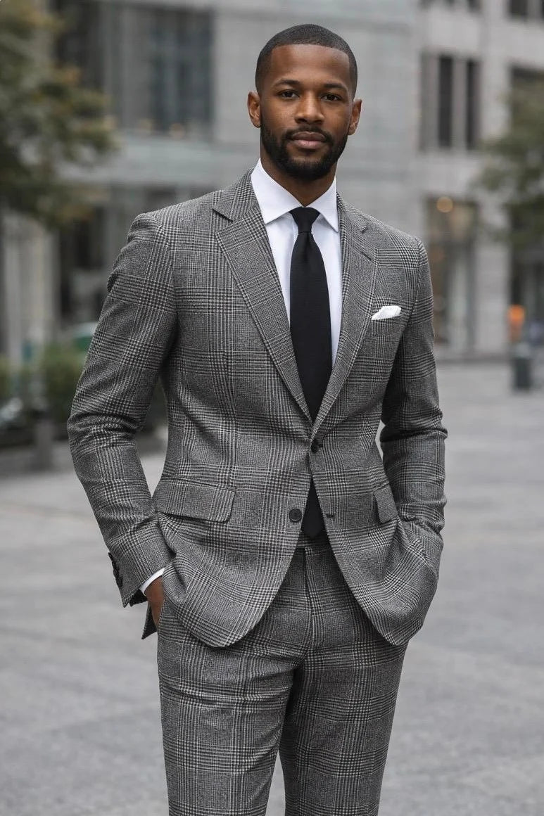 Statement Mens Modern Fit 2 Piece 100% Wool Glen Plaid Suit β Single Breasted Notch Lapel Jacket