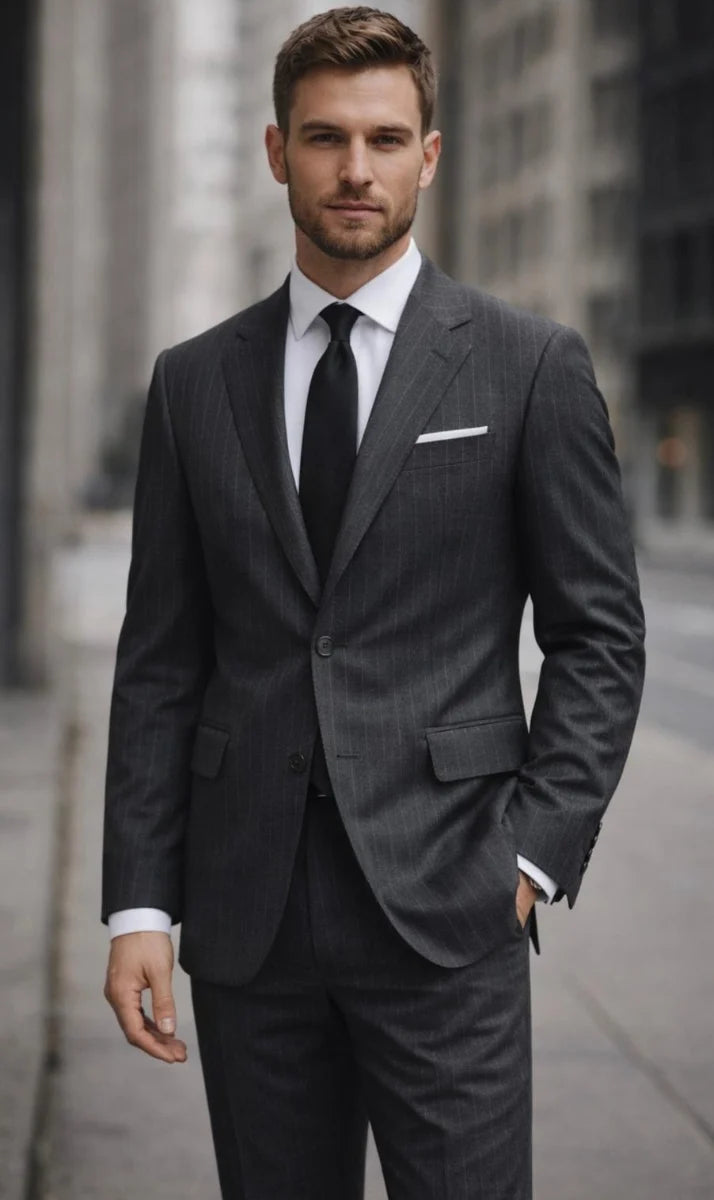 Statement Mens Modern Fit 2 Piece 100% Wool Pinstripe Suit β Single Breasted Notch Lapel Jacket