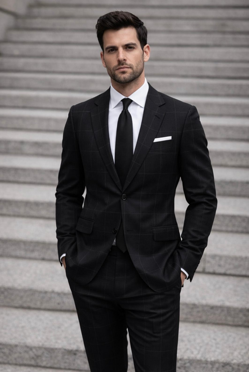 Statement Mens Modern Fit 2 Piece 100% Wool Sharp Windowpane Suit β Single Breasted Notch Lapel Jacket
