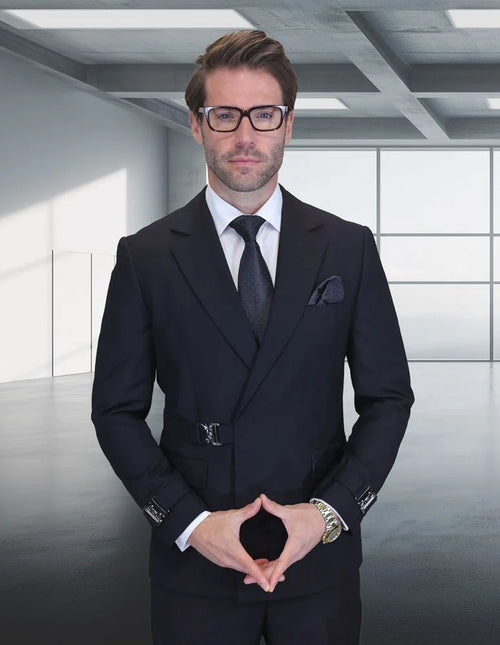 Statement Mens Modern Fit 2 Piece 100% Wool Suit β Double Breasted Jacket with Metal Buckle Closure
