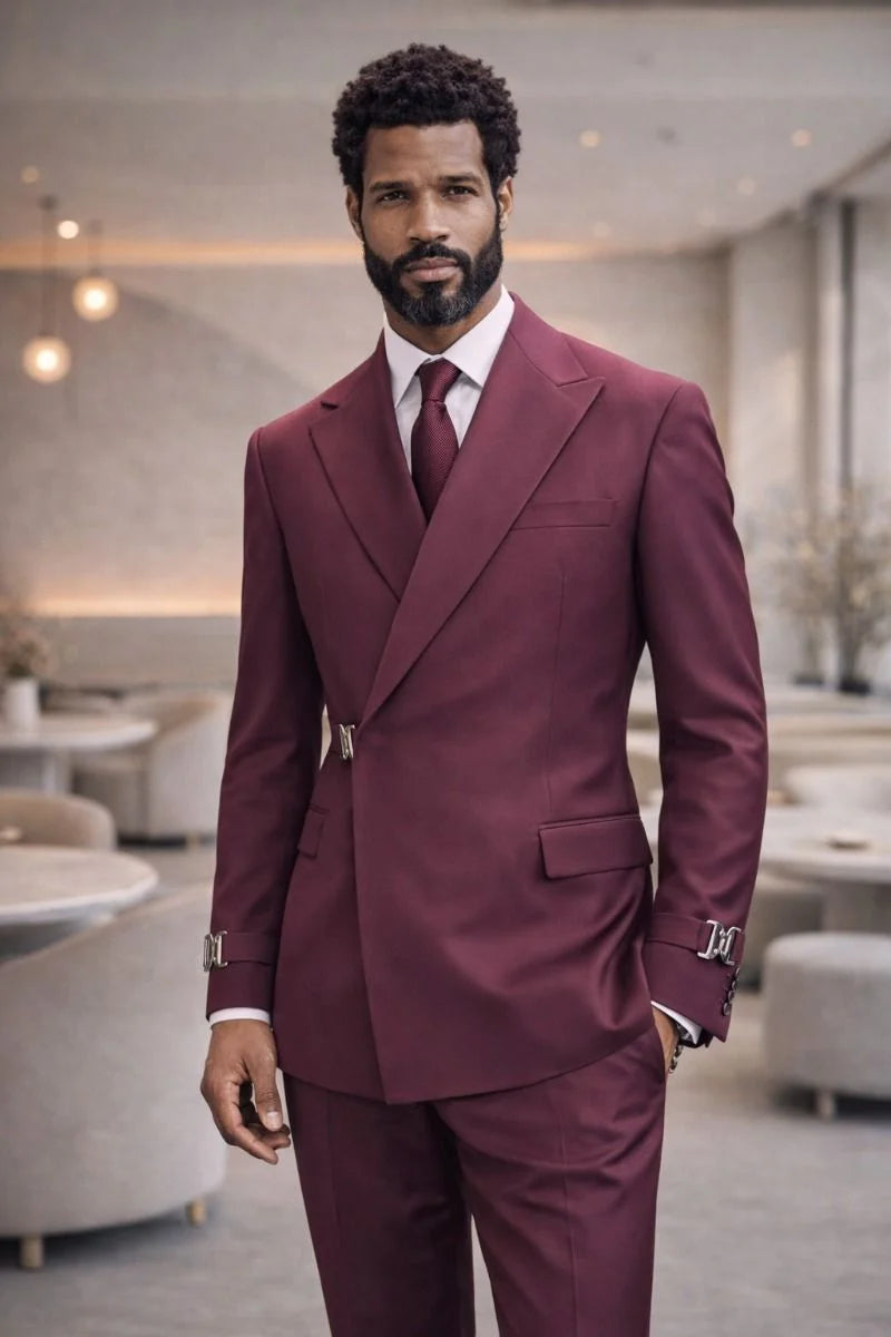 Statement Mens Modern Fit 2 Piece 100% Wool Suit β Double Breasted Jacket with Metal Buckle Closure