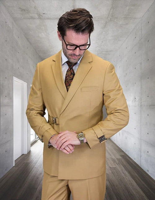 Statement Mens Modern Fit 2 Piece 100% Wool Suit β Double Breasted Jacket with Metal Buckle Closure