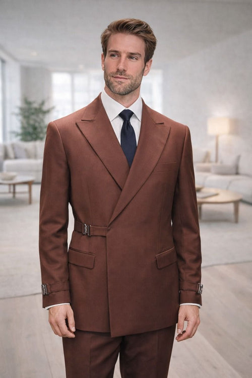 Statement Mens Modern Fit 2 Piece 100% Wool Suit β Double Breasted Jacket with Metal Buckle Closure