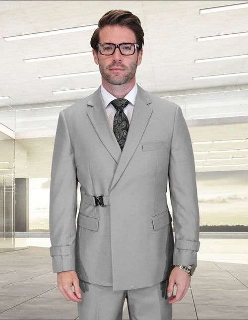 Statement Mens Modern Fit 2 Piece 100% Wool Suit β Double Breasted Jacket with Metal Buckle Closure