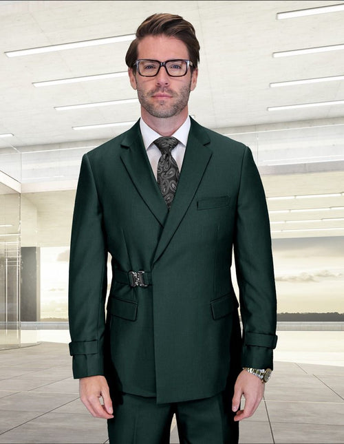 Statement Mens Modern Fit 2 Piece 100% Wool Suit β Double Breasted Jacket with Metal Buckle Closure