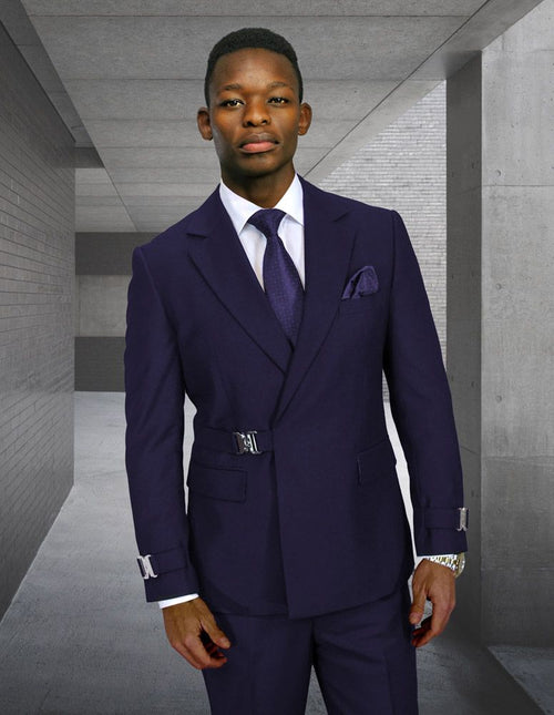 Statement Mens Modern Fit 2 Piece 100% Wool Suit β Double Breasted Jacket with Metal Buckle Closure