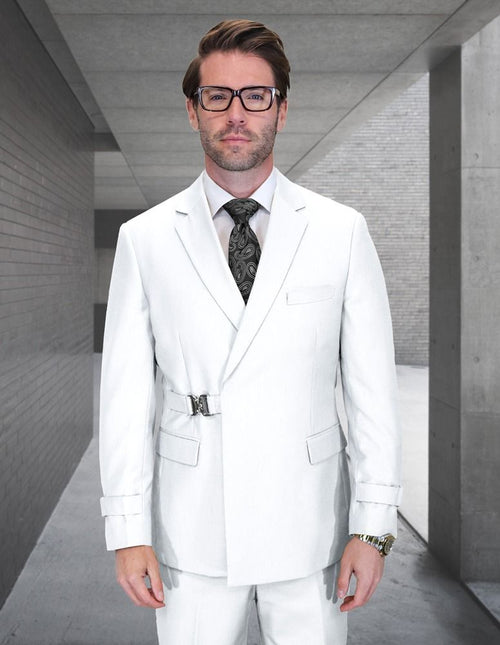 Statement Mens Modern Fit 2 Piece 100% Wool Suit β Double Breasted Jacket with Metal Buckle Closure