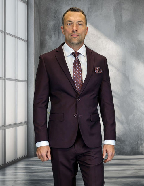 Statement Mens Modern Fit 2 Piece 100% Wool Suit β Notch Lapel Single Breasted Jacket