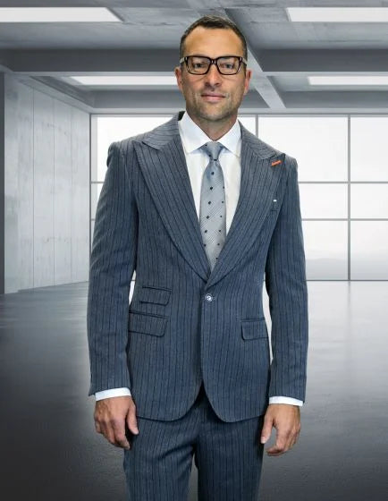 Statement Mens Modern Fit 2 Piece 100% Wool Suit β Wide Peak Lapel, One Button Jacket