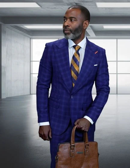 Statement Mens Modern Fit 2 Piece 100% Wool Suit β Wide Peak Lapel, One Button Jacket