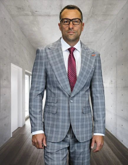 Statement Mens Modern Fit 2 Piece 100% Wool Suit β Wide Peak Lapel, One Button Jacket