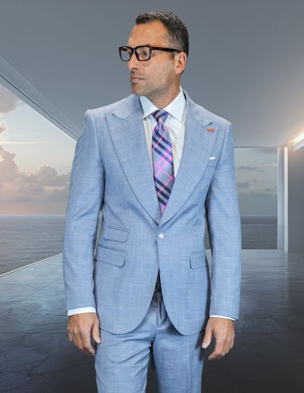 Statement Mens Modern Fit 2 Piece 100% Wool Suit β Wide Peak Lapel, One Button Jacket