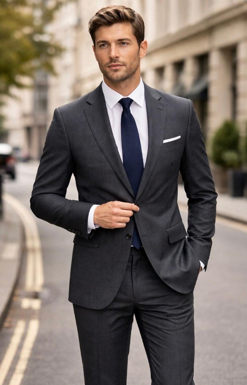 Statement Mens Modern Fit 2 Piece 100% Wool Textured Solid Suit β Single Breasted Notch Lapel Jacket