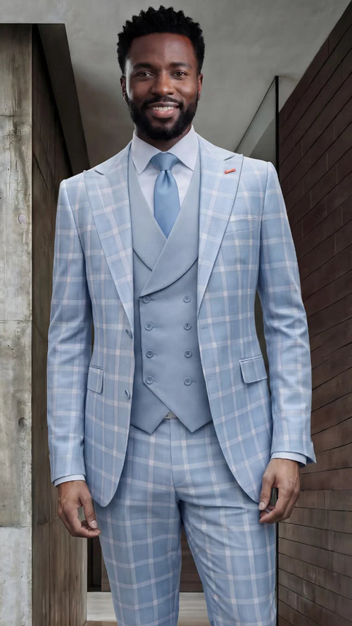 Statement Mens Modern Fit 3 Piece 100% Super 200s Wool Classic Windowpane Suit β Double Breasted Vest